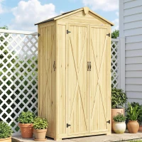 Outsunny Armadio da Giardino a 3 Ante con 4 Ripiani e Ganci, in Legno di Abete, 93x53x168 cm, Color Legno(m-8)
