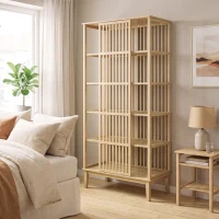 HOMCOM Armoire Chambre Penderie en Bambou 5 Niveaux avec Porte Coulissante, Design Aéré à Lattes, Bois Naturel(m-2)