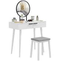 HOMCOM Modern Dressing Table with Round Mirror and Stool, Makeup Vanity Table with 2 Drawers for Bedroom, Living Room, 80 x 40 x 123 cm, White(m-1)