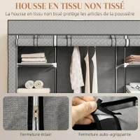 HOMCOM Armoire de rangement penderie en tissu pliable avec barre de suspension et étagères, 150 x 43 x 162,5 cm, gris clair(m-5)