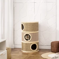 PawHut Kratztonne, 79 cm hoch, Ø45 cm, dreistöckige Katzentonne mit Sisalseil, Katzenhöhle, für große Katzen, Khaki+Braun(m-10)