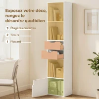 HOMCOM Bibliothèque étagère de rangement avec porte, 2 tiroirs, compartiments ouverts et étagère réglable, 30x24x158cm, blanc(m-5)