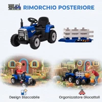 HOMCOM Trattore Elettrico per Bambini con Rimorchio Rimovibile, Telecomando, Porta USB, Musica e Luci, Età 3-6 Anni, Blu(m-4)