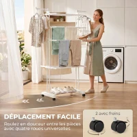 HOMCOM Séchoir à linge pliable 4 niveaux avec roulettes, étendoir linge intérieur avec ailes latérales, cadre en acier, blanc(m-6)