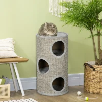PawHut Tonneau à gratter pour chat, tour à griffer en sisal à 3 niveaux recouvert de peluche, Ø 38 x 70 cm, gris(m-2)