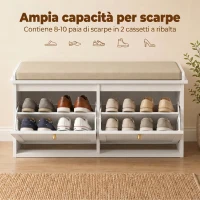 HOMCOM Panca Scarpiera con Cuscino Imbottito, 2 Cassetti Ribaltabili per 8-10 Paia di Scarpe, Bianco(m-5)