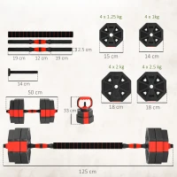 SPORTNOW 6-in-1 Adjustable Weight Dumbbells Set, Used as Kettlebell, Barbell, Dumbbell, Push-Up Stand, 30kg Free Weights Set for Men and Women Home Gym Training, Red(m-3)