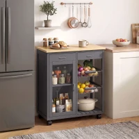 HOMCOM Bamboo Kitchen Island, Rolling Kitchen Trolley with Glass Door, 2 Metal Wire Baskets and Adjustable Shelf, Grey(m-9)