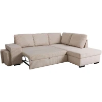 Canapé d'angle convertible réversible - 4/5 places - MITCHELL - Velours côtelé Beige - Coffre, Poufs USB - 247 x 205 x 91 cm(m-3)