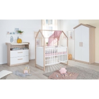 Chambre bébé complete : Lit 60 x 120 cm + commode a langer évolutive + armoire - CABANE - ROBA - Chene / Blanc