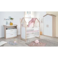 Chambre bébé complete : Lit 60 x 120 cm + commode a langer évolutive + armoire - CABANE - ROBA - Chene / Blanc(m-1)