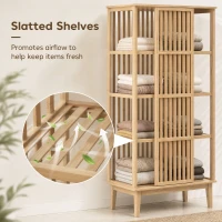 HOMCOM Armoire Chambre Penderie en Bambou 5 Niveaux avec Porte Coulissante, Design Aéré à Lattes, Bois Naturel(m-6)