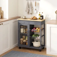 HOMCOM Bamboo Kitchen Island, Rolling Kitchen Trolley with Glass Door, 2 Metal Wire Baskets and Adjustable Shelf, Grey(m-8)