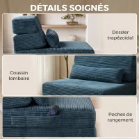 HOMCOM Canapé-Lit Pliant 3 en 1, Chauffeuse 1 Place Convertible en Velours Côtelé, Poches Latérales, Oreiller, Bleu(m-7)
