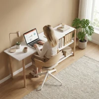 HOMCOM Escritorio Plegable de Ordenador Moderno con Estantes de Almacenamiento y Estructura de Bambú Blanco y Roble(m-8)