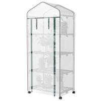 Outsunny 4 Tier Mini Portable Greenhouse Compact Plant Grow Shed Metal Frame PE Cover with Lockable Rolling Wheels, White(m-11)