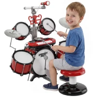 HOMCOM Kit de Batterie pour Enfants avec Tabouret, Clavier Électronique, Microphone, Connecté via USB, 77,5x40x76,5cm, Rouge(m-16)