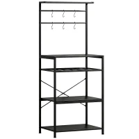 HOMCOM Freestanding Shelving Unit, Industrial Storage Shelf with 6 Hooks and Wine Rack for Living Room, Home Office, Black(m-1)