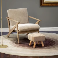 HOMCOM Puf Reposapiés en Tejido Efecto Lino, 27x27x26 cm, Patas de Madera de Caucho, Capacidad Hasta 110 kg, Marrón(m-6)