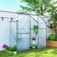Outsunny 6 x 2.5ft Polycarbonate Greenhouse Walk-In Green House with Rain Gutter, Sliding Door, Window, Foundation, Dark Grey(m-10)