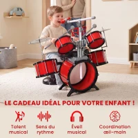 HOMCOM Kit de Batterie pour Enfants avec Tabouret, Clavier Électronique, Microphone, Connecté via USB, 77,5x40x76,5cm, Rouge(m-4)