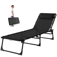 Outsunny Foldable Sun Lounger, Outdoor 4 Level Adjustable Backrest Reclining Chaise Chair, Steel Frame Recliner Chair for Camping, Hiking, Black(m-10)