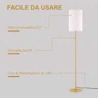 HOMCOM Lampada da Terra con Interruttore a Catena, Paralume in Lino e Base in Acciaio, Attacco E27, Oro e Crema(m-5)