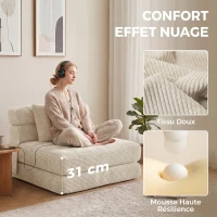 HOMCOM Canapé-Lit Pliant 2 en 1, Chauffeuse 1 Place Convertible en Velours Côtelé, Oreiller, Poches Latérales, Crème(m-5)