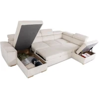 Canapé d'angle convertible panoramique 5 a 6 places DAYTONA - Velours côtelé beige - Avec coffre - L 326 x H 94 x P 216 cm(m-5)