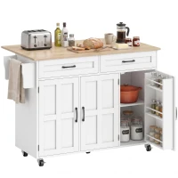 HOMCOM Îlot de cuisine avec plateau rabattable, chariot à roulettes 2 tiroirs, 3 portes, porte-racks et porte-serviettes, blanc(m-17)