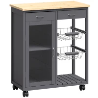 HOMCOM Bamboo Kitchen Island, Rolling Kitchen Trolley with Glass Door, 2 Metal Wire Baskets and Adjustable Shelf, Grey(m-1)