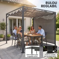 Outsunny Gazebo Pergolă Retractabilă 3x3 m cu Tendă Rulantă și Orificii de Drenaj, din Oțel și Poliester Gri Închis(m-5)