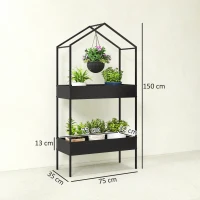 Outsunny 2 Tier Plant Stand, Outdoor Indoor Metal Plant Stand with Hook, House-Shaped Pots Holder Display Rack, Black(m-3)