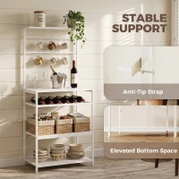 HOMCOM Freestanding Shelving Unit, Industrial Storage Shelf with 6 Hooks and Wine Rack for Living Room, Home Office, White(m-6)