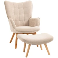 HOMCOM Fauteuil avec repose pied, dossier haut, pieds en bois et tissu aspect velours côtelé, pour salon chambre à coucher beige(m-17)