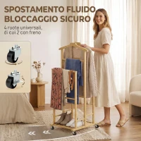 HOMCOM Appendiabiti da Terra in Bambù con Ruote, Grucce, Barre, Vassoio e Ripiano, per Camera da Letto, Ingresso, Rovere(m-6)