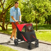 PawHut Carrinho para Cães Dobrável com Janelas de Malha Cinto de Segurança e Bolsos de Armazenamento 112x65x100 cm Vermelho(m-2)