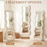 HOMCOM Full Length Mirror, 160 x 60 cm Wavy Full Body Wall Standing Mirror with Velvet Frame and Tempered Glass, Cream White(m-6)