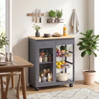 HOMCOM Bamboo Kitchen Island, Rolling Kitchen Trolley with Glass Door, 2 Metal Wire Baskets and Adjustable Shelf, Grey(m-14)