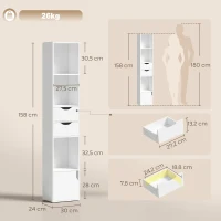 HOMCOM Bibliothèque étagère de rangement avec porte, 2 tiroirs, compartiments ouverts et étagère réglable, 30x24x158cm, blanc(m-3)