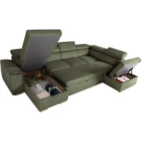Canapé d'angle convertible panoramique 5 a 6 places DAYTONA - Velours côtelé kaki - Avec coffre - L 326 x H 94 x P 216 cm(m-5)
