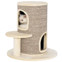 PawHut Katzenfass, Kratzbaum mit 2 Ebenen, Sprungplattform, Aussichtspunkt, Kratzmatte, zum Ausruhen und Spielen, Beige(m-12)
