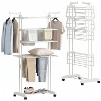 HOMCOM Séchoir à linge pliable 4 niveaux avec roulettes, étendoir linge intérieur avec ailes latérales, cadre en acier, blanc(m-16)