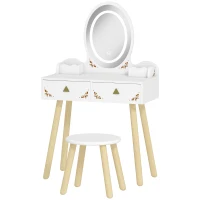 AIYAPLAY Coiffeuse pour enfant 2 en 1 bureau enfant fille avec miroir à LED 3 couleurs et tabouret 60x30x99,3 cm blanc(m-12)