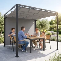 Outsunny Gazebo Pergola Retrattile 3x3 m con Tenda a Rullo e Fori di Drenaggio, in Acciaio e Poliestere Grigio Scuro(m-2)