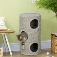 PawHut Tonneau à gratter pour chat, tour à griffer en sisal à 3 niveaux recouvert de peluche, Ø 38 x 70 cm, gris(m-9)
