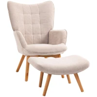 HOMCOM Fauteuil avec repose pied, dossier haut, pieds en bois et tissu aspect velours côtelé, pour salon chambre à coucher beige(m-1)