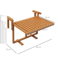 Outsunny Table de balcon suspendue en bois pliable plateau rectangulaire hauteur réglable dim. 68L x 65l x 40,5-55H cm naturel(m-3)