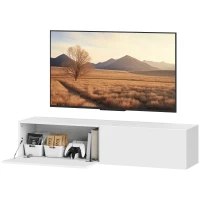 HOMCOM Mobile TV Sospeso per Televisori da 45"-55"-65" con 2 Armadietti e Ante a Ribalta, 140x33x29.8 cm, Bianco(m-11)