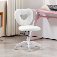 HOMCOM Sedia da Ufficio Imbottita con Schienale a Cuore e Rotelle, in Velluto Teddy e Plastica, 45x56x78-88 cm, Bianco(m-2)